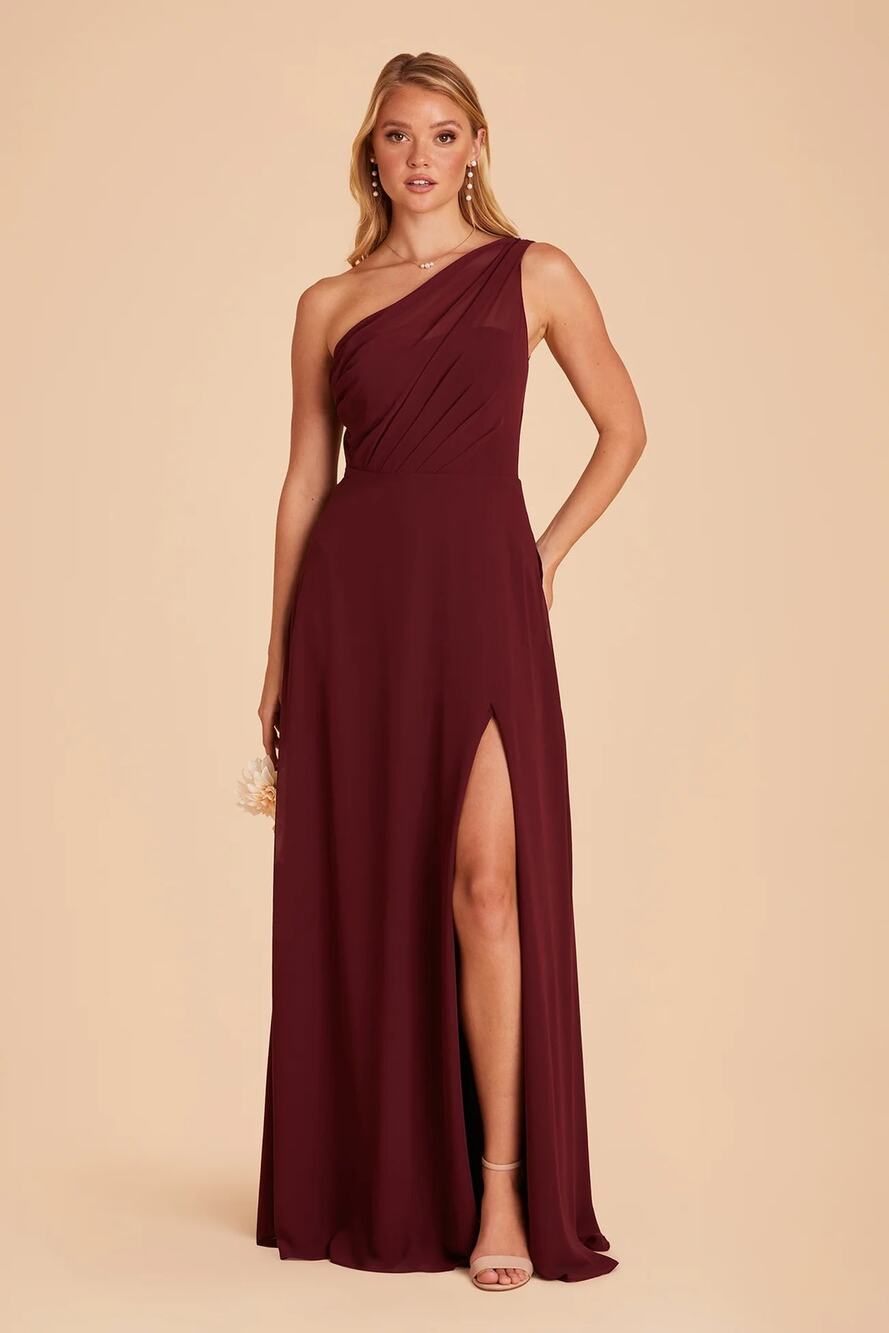 1473 NWT Birdy Grey Kira Chiffon Bridesmaids Asymmetrical Dress Cabernet Medium
